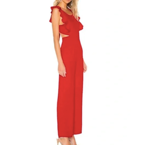 Superdown Women's Esmee Ruffle Trim Wide Leg Jumpsuit Open Tie Back Red Size S - Picture 1 of 16